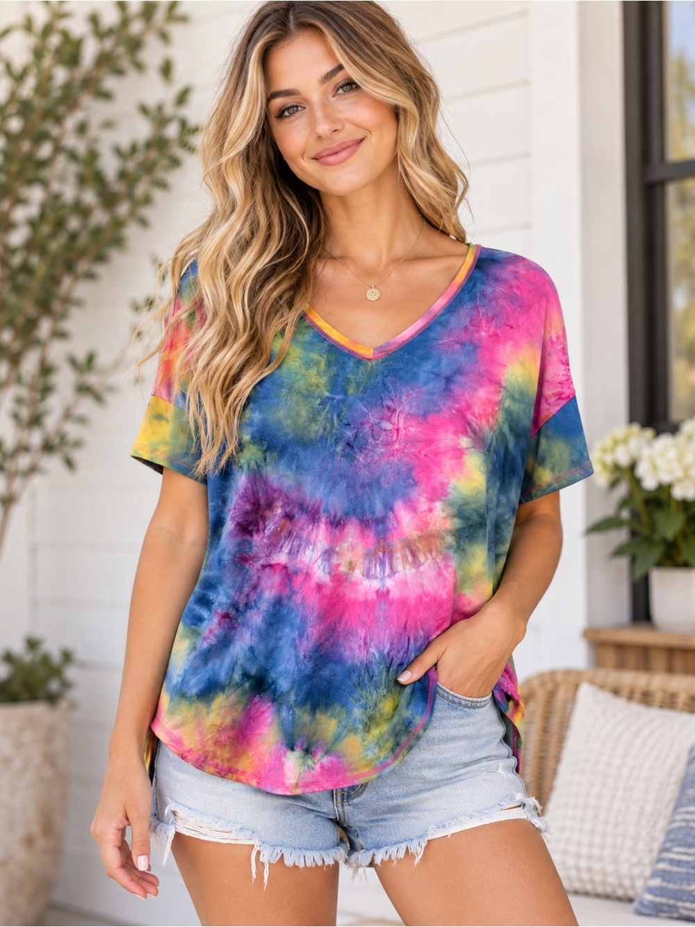 white birch Tie Dye V-Neck Drop Shoulder Curved Hem T-Shirt Size Small